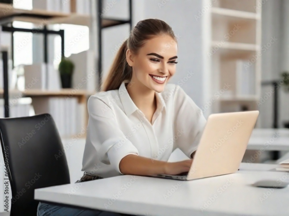 a young smiling beautiful woman is working at a laptop in the office a young smiling beautiful woman is working at a laptop in the office