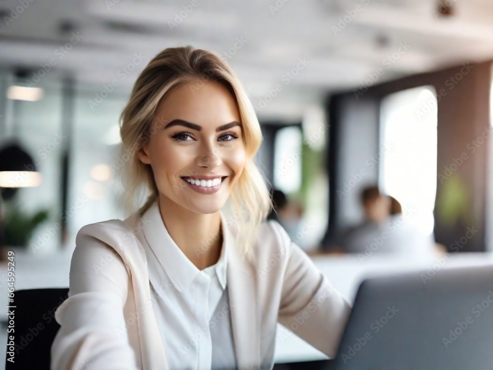 a young smiling beautiful woman is working at a laptop in the office a young smiling beautiful woman is working at a laptop in the office