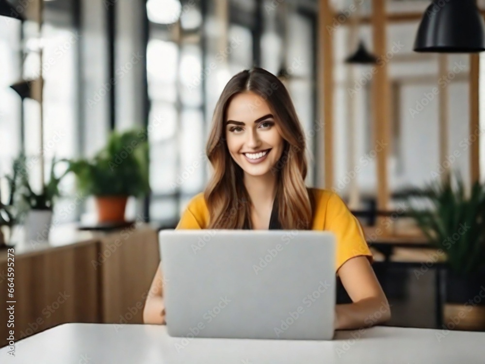 a young smiling beautiful woman is working at a laptop in the office a young smiling beautiful woman is working at a laptop in the office