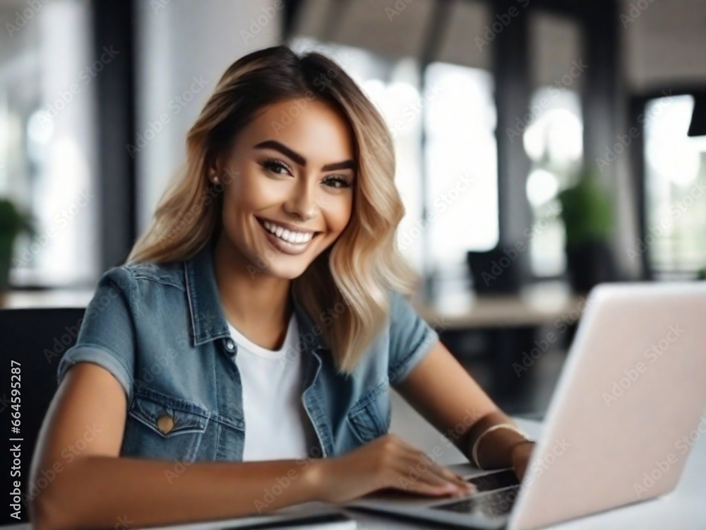 Fototapeta premium a young smiling beautiful woman is working at a laptop in the office