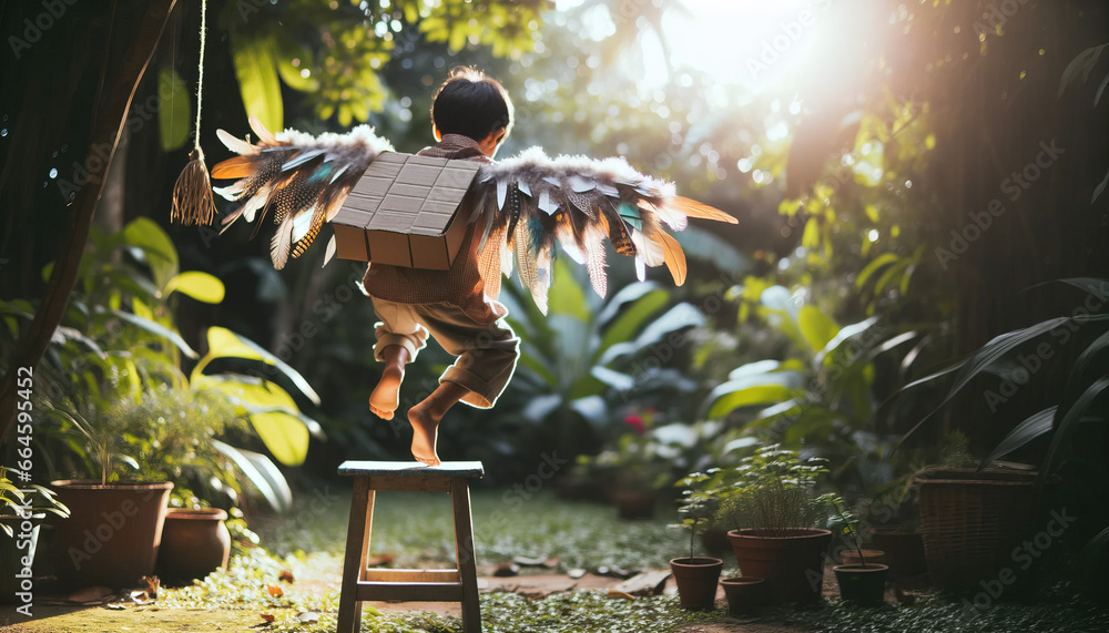 Imaginative and adventurous child in a sunny garden, wearing makeshift wings made of cardboard and feathers. - obrazy, fototapety, plakaty 