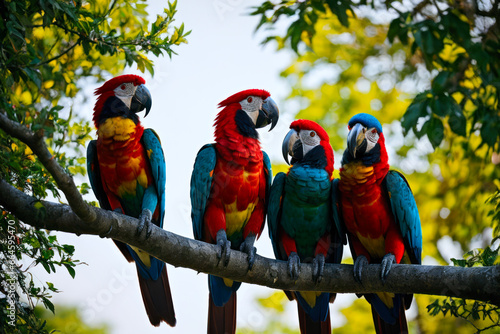 A group of exotic macaws perched on branches, their vividly colored plumage shining in the sunlight like a rainbow. Wildlife concept of ecological environment