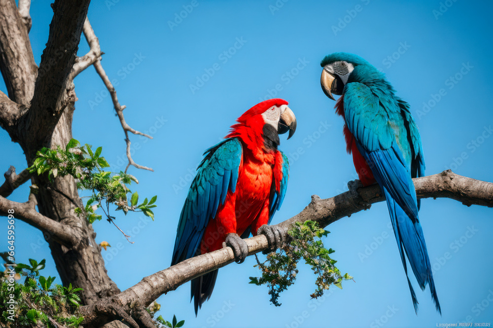 Obraz premium A group of exotic macaws perched on branches, their vividly colored plumage shining in the sunlight like a rainbow. Wildlife concept of ecological environment
