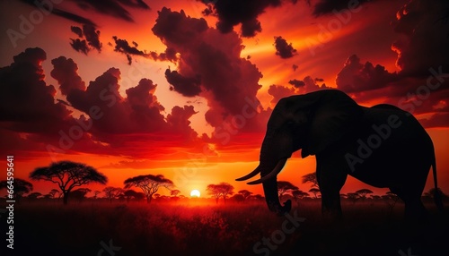 The silhouette of an elephant standing tall against the African sunset.