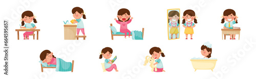 Cute Girl Character Engaged in Daily Routine and Different Activity Vector Set