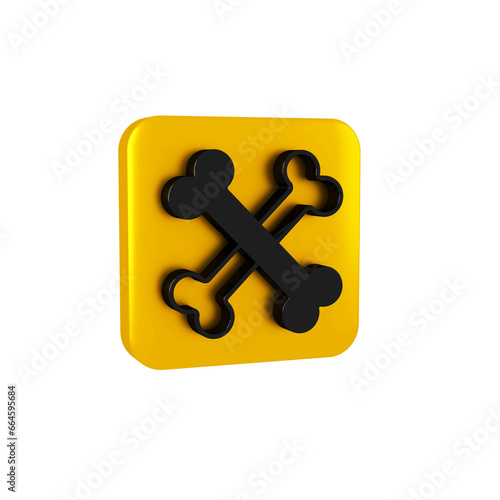 Black Crossed bones icon isolated on transparent background. Pets food symbol. Happy Halloween party. Yellow square button.