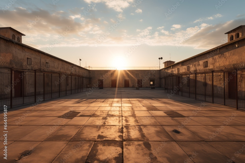 Inner courtyard of a prison with a sky with clouds and evening light