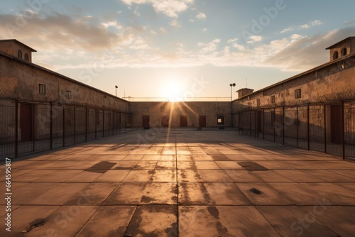 Vászonkép Inner courtyard of a prison with a sky with clouds and evening light