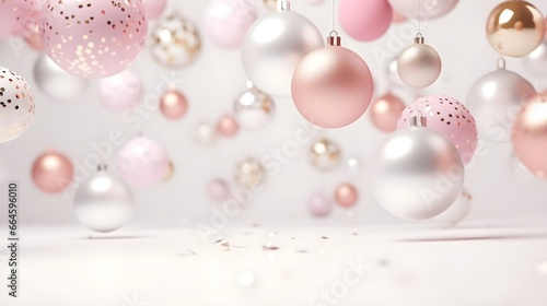 white and pink Christmas balls. Festive light pink pastel background.