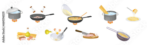 Pasta Cooking Process with Frying, Mixing in Bowl and Colander Vector Set