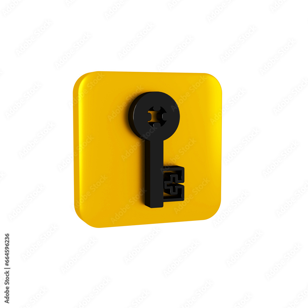 Black Old key icon isolated on transparent background. Yellow square button. Black Old key icon isolated on transparent background. Yellow square button.