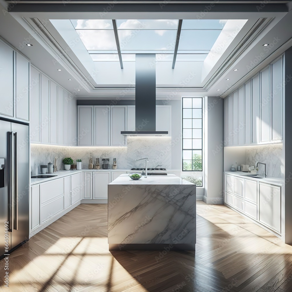 Modern kitchen interior in minimalist style. generative AI - obrazy, fototapety, plakaty 