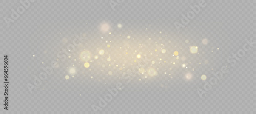 Gold dust light bokeh. Christmas glowing bokeh and glitter overlay texture for your design on a transparent background. .	