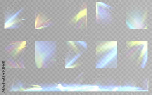 Rainbow light rays, lens flare, reflection effect from crystal, glass or gem. Vector realistic illustration set of light leak effect with spectrum glare, prism refraction, lens flare