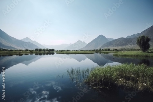 Natural scenery of mountains, lakes, water, sky, and landscape. Generative AI