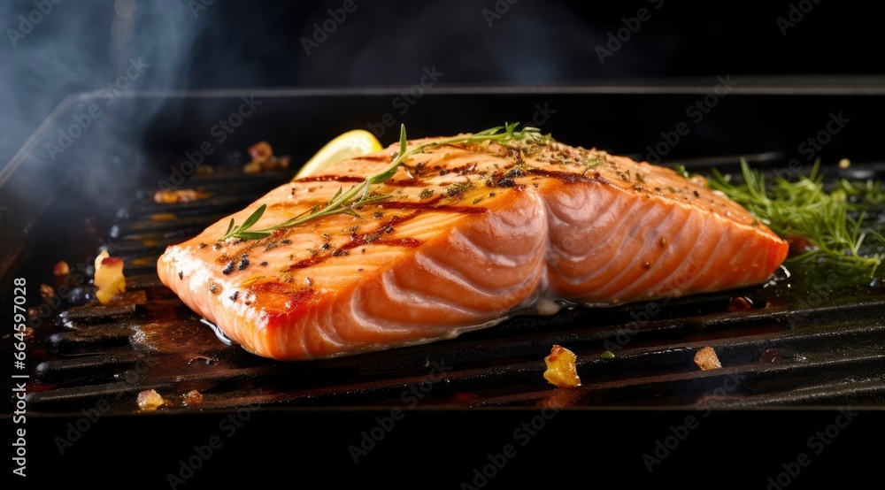 Gourmet cutlet of fresh salmon seasoned with herbs, spices, and lemon zest grilling on a griddle. Gourmet cutlet of fresh salmon seasoned with herbs, spices, and lemon zest grilling on a griddle.