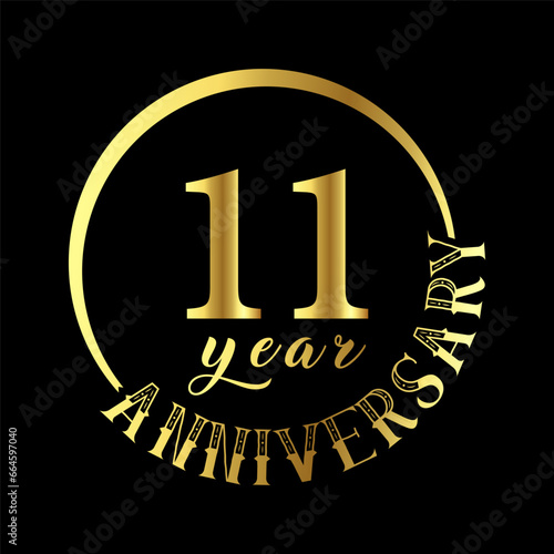 11 year anniversary celebration. Anniversary logo with golden color vector illustration.