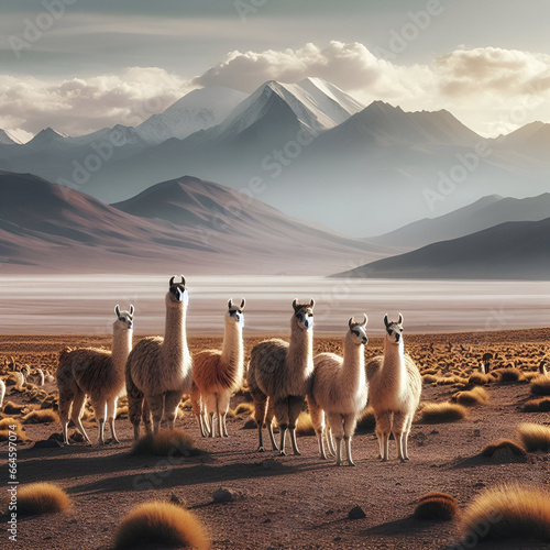 Group of White and Reddish Brown Cute Adorable South American Fluffy Furry Llamas Alpacas Animals Grace the Vast Bolivian Arid Sand Desert Terrain Landscape with Clouds and Mountains in the Background photo