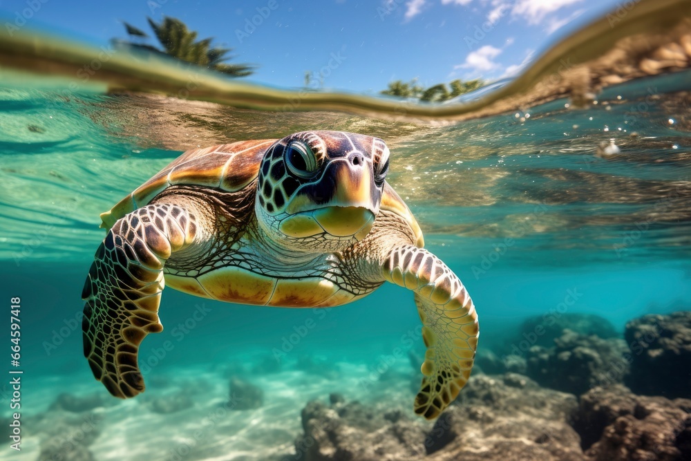 Fototapeta premium Green turtle at the seawater.