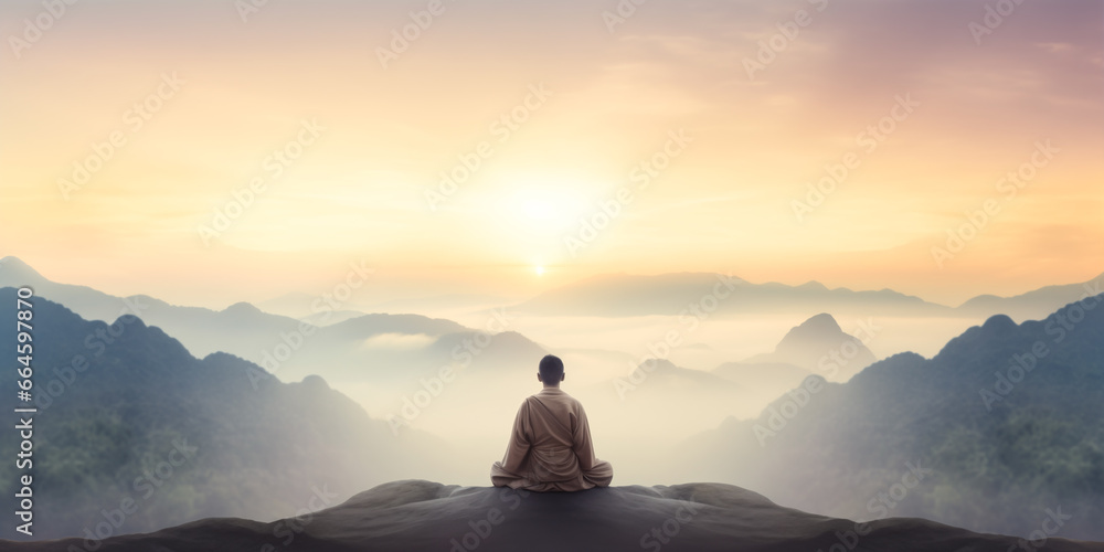 Buddhist monk meditating on the top of mountain at sunset - obrazy, fototapety, plakaty 