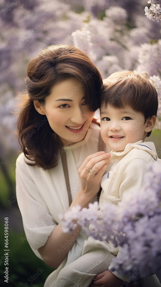 Asian mother and her little son stroll through a garden full of flowers Asian mother and her little son stroll through a garden full of flowers