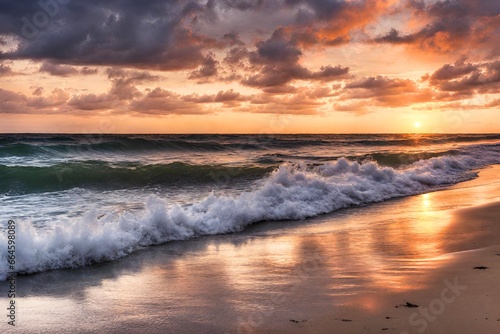Strandhintergrund mit Meereswellen  weissem Sand  Sonnenuntergang - Sommerurlaubshintergrund. Reisen und Strandurlaub  Badeferien