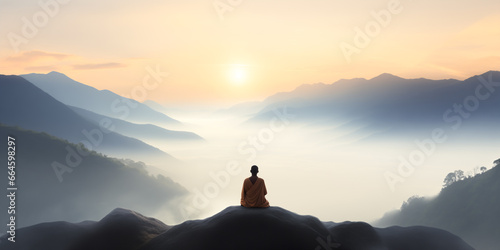 Buddhist monk meditating on the top of mountain at sunset photo