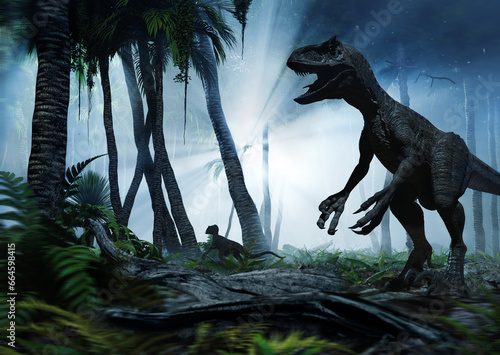 Dinosaurs, raptors in the jungle.3D illustration © Mikael Damkier