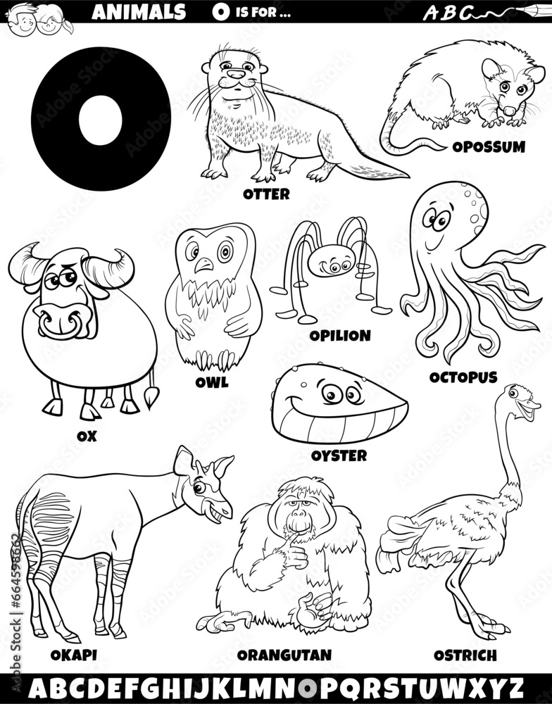cartoon animal characters for letter O set coloring page