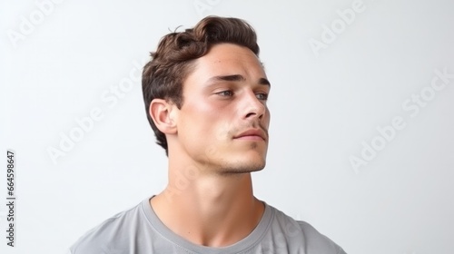 A serious young man, isolated on a white background, portraying moments of contemplation, showcasing a solemn demeanor.