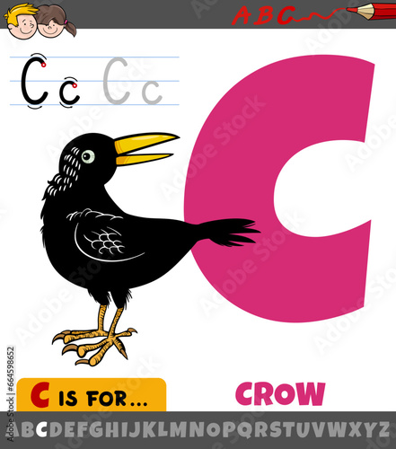 letter C from alphabet with cartoon crow bird