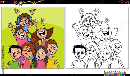 cartoon children and teens characters group coloring page