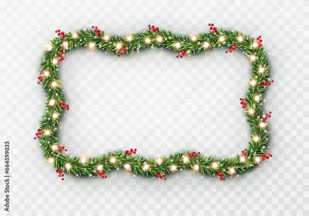Border with green fir branches, snow, red berries and gold lights isolated on transparent background. Pine, xmas evergreen plants frame or banner. Vector Christmas tree garland decoration Border with green fir branches, snow, red berries and gold lights isolated on transparent background. Pine, xmas evergreen plants frame or banner. Vector Christmas tree garland decoration