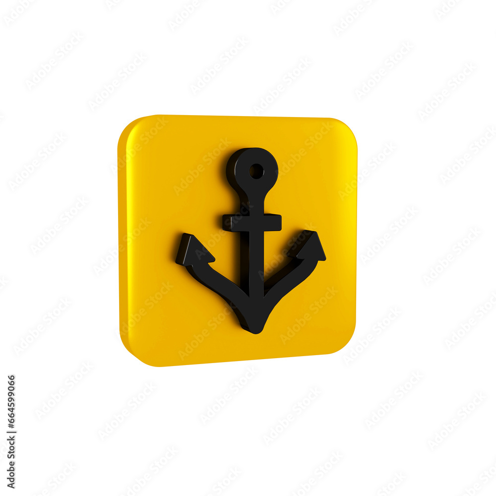 Black Anchor icon isolated on transparent background. Yellow square button. Black Anchor icon isolated on transparent background. Yellow square button.