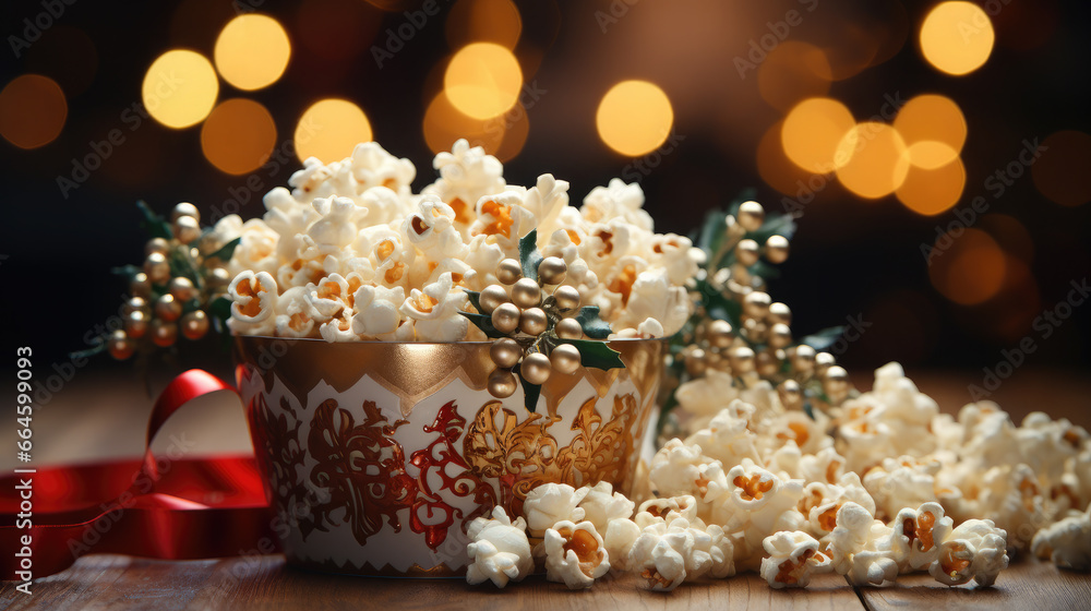 a bucket of delicious popcorn stands on a New Year's background, Christmas, decor, holiday, movie, food, day off, snack, fun, entertainment, pack, puffed corn, film, party, winter, garland, lights a bucket of delicious popcorn stands on a New Year's background, Christmas, decor, holiday, movie, food, day off, snack, fun, entertainment, pack, puffed corn, film, party, winter, garland, lights