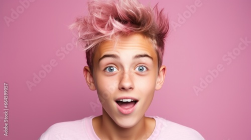 A whimsical teenage boy, isolated on a pink background, reveling in playful imagination, showcasing moments of whimsy.