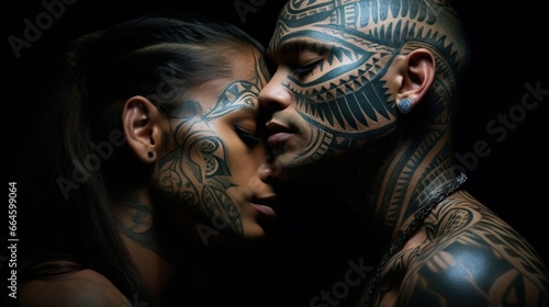 A transgender man, with intricate tribal tattoos, isolated on a bold black background, holding his partner close, their eyes telling tales of battles won together.