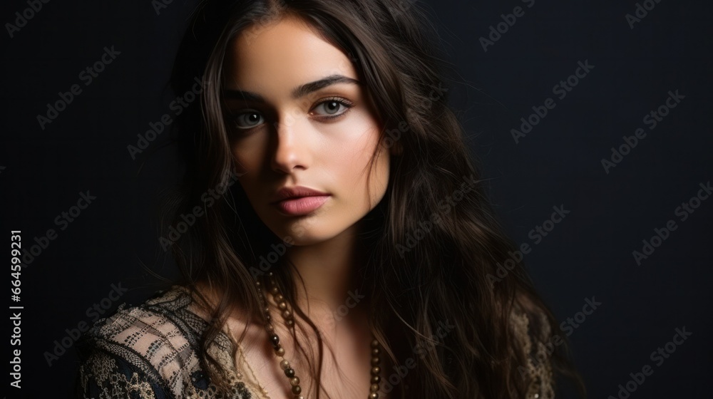 A young caucasian woman, isolated on a black background, dressed in a bohemian style, with a dreamy gaze, lost in a world of fantastical imagination. A young caucasian woman, isolated on a black background, dressed in a bohemian style, with a dreamy gaze, lost in a world of fantastical imagination.