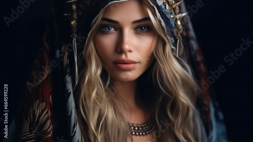 A young caucasian woman, isolated on a black background, dressed in a bohemian style, with a dreamy gaze, lost in a world of fantastical imagination.