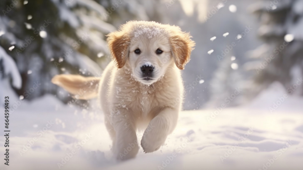 Golden Retriever puppy joyfully playing in the snow