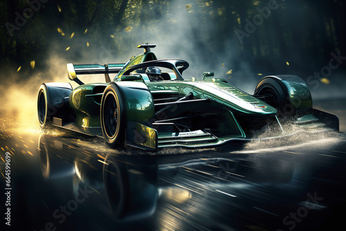 green racing car is moving fast on formula one track © alexkoral