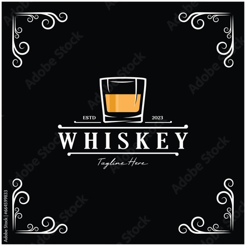 Vintage premium whiskey logo label with glass or beer. for drinks, bars, clubs, cafes, companies.