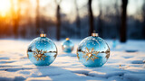 Christmas balls with snowflakes and baubles on snow with bokeh lights in the background. 3D rendering. Generative AI technology.