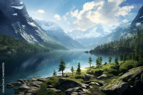 Scenic view of a lake surrounded by majestic mountains. Generative AI