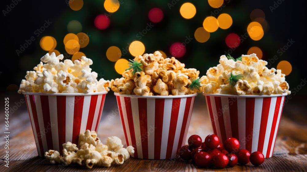 a bucket of delicious popcorn stands on a New Year's background, Christmas, decor, holiday, movie, food, day off, snack, fun, entertainment, pack, puffed corn, film, party, winter, garland, lights a bucket of delicious popcorn stands on a New Year's background, Christmas, decor, holiday, movie, food, day off, snack, fun, entertainment, pack, puffed corn, film, party, winter, garland, lights
