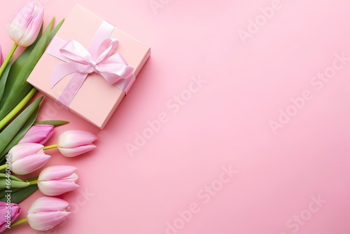 Pink gift box with ribbon bow and bouquet of tulips on isolated pastel pink background.
