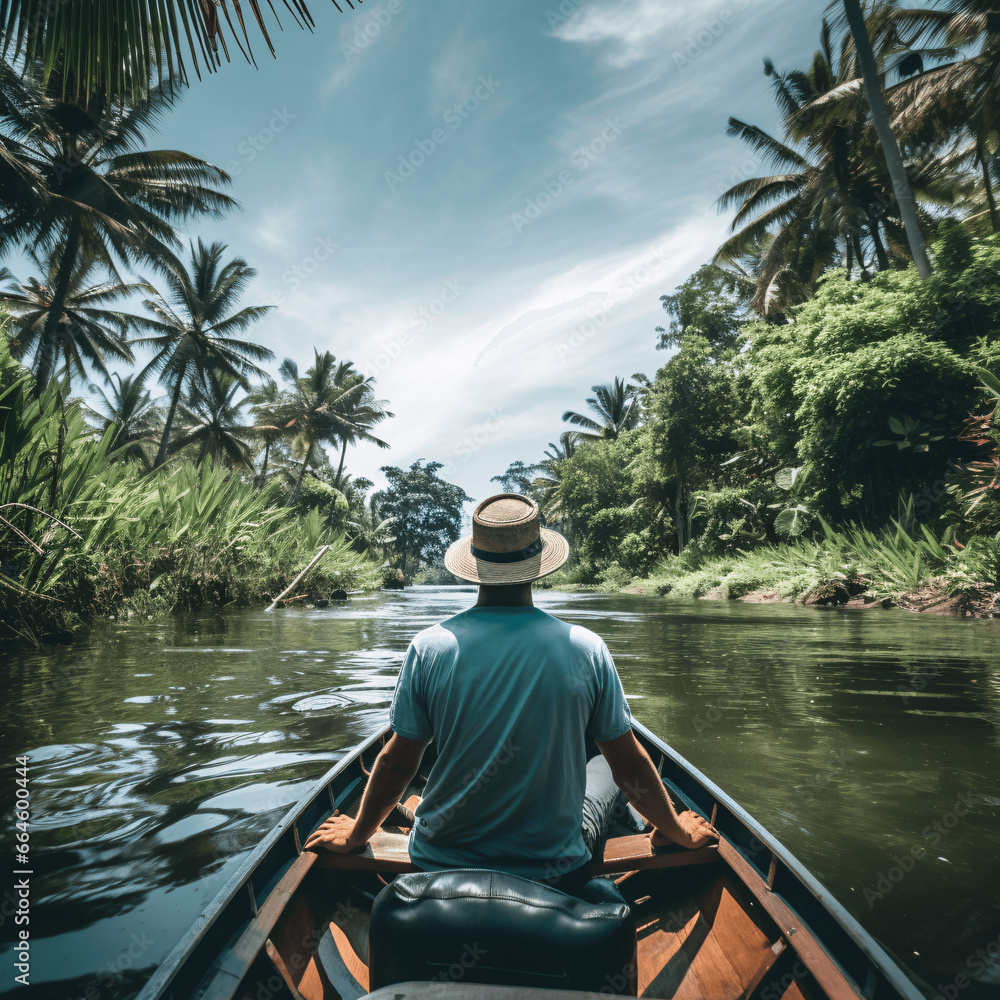 Tourist on a boat in the jungle of Kerala, India.