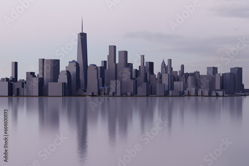 View of the downtown New York NY lower Manhattan area during sunset or sunrise. Low poly illustration of dark buildings with water reflection. Concept of blackout, architecture, tourism or art. 