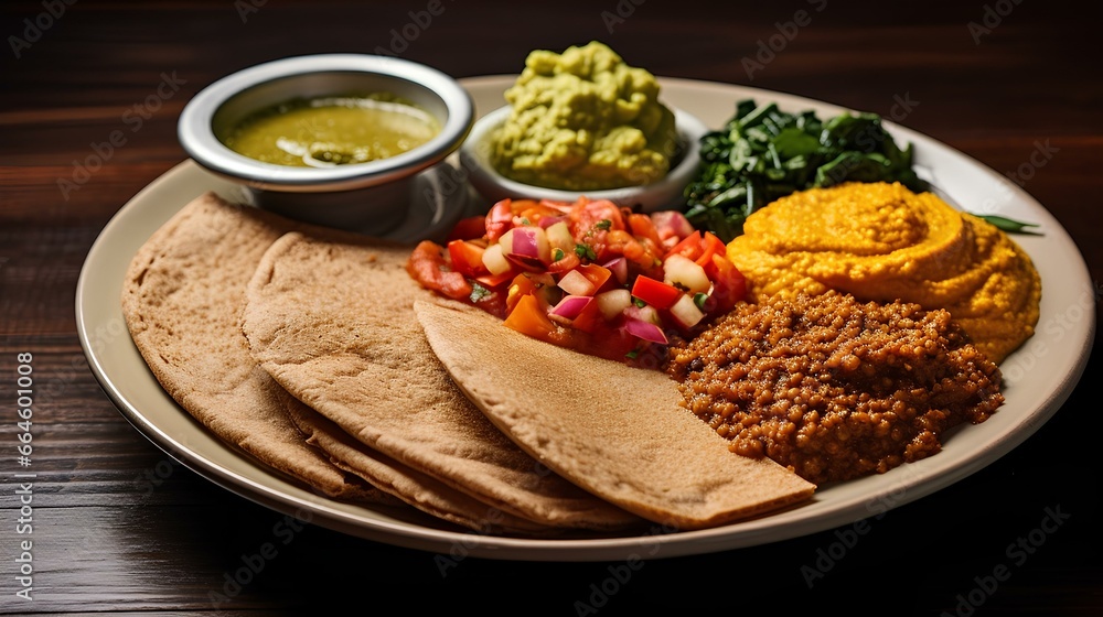 a beautifully plate serving of injera, the soft and spongy Ethiopian bread. vegetable stews and lentil dishes. generative AI a beautifully plate serving of injera, the soft and spongy Ethiopian bread. vegetable stews and lentil dishes. generative AI