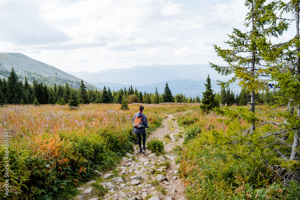 Trekking in the mountains, stone trail, girl walking on the road, alpine meadows, a man traveling along an ecological trail.